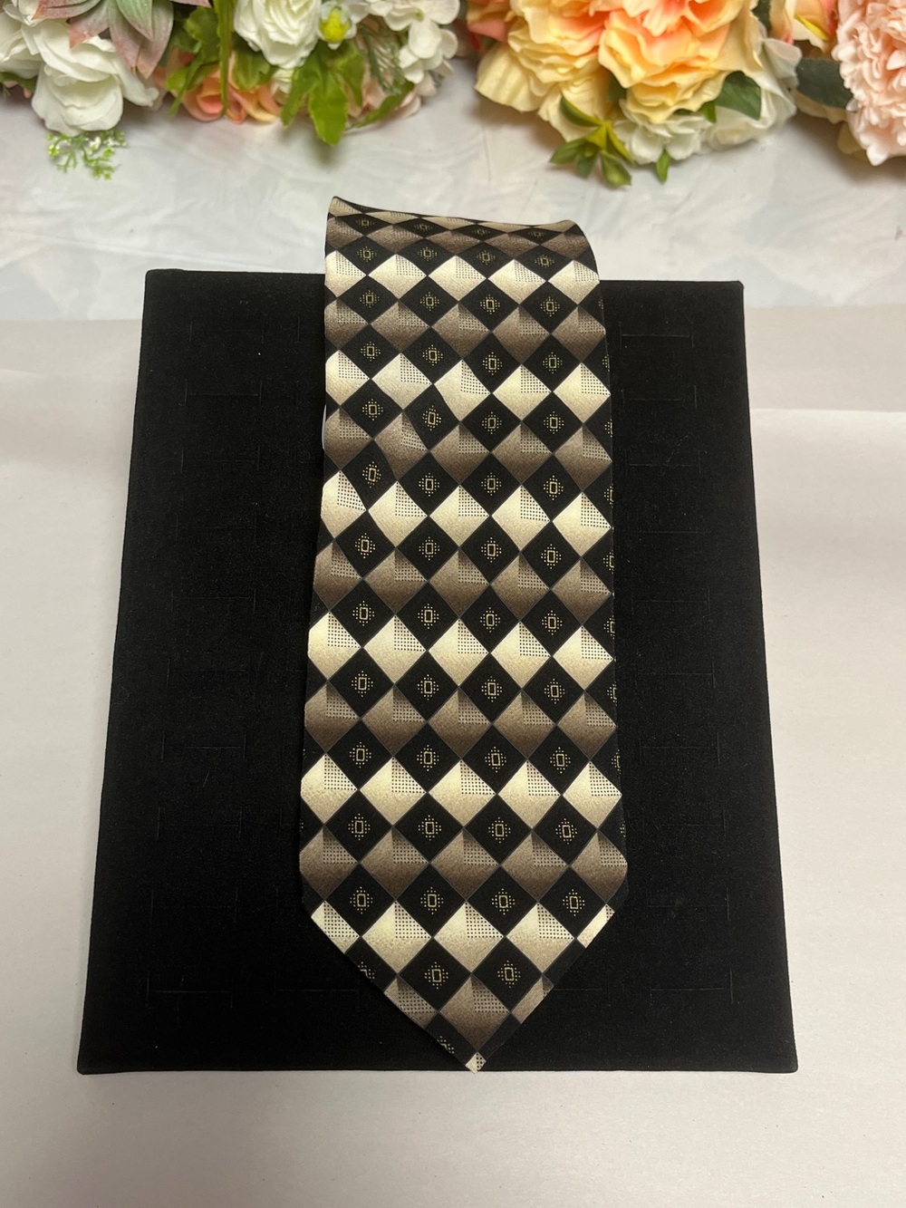 NEW Kilburne & Finch Geometric Silk Neck Tie Brown Black Ivory NWT